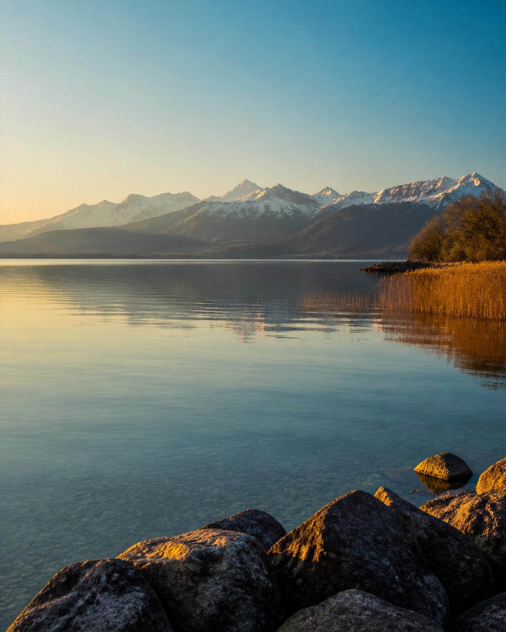 Bodensee mit Alpenpanorama im Morgenlicht